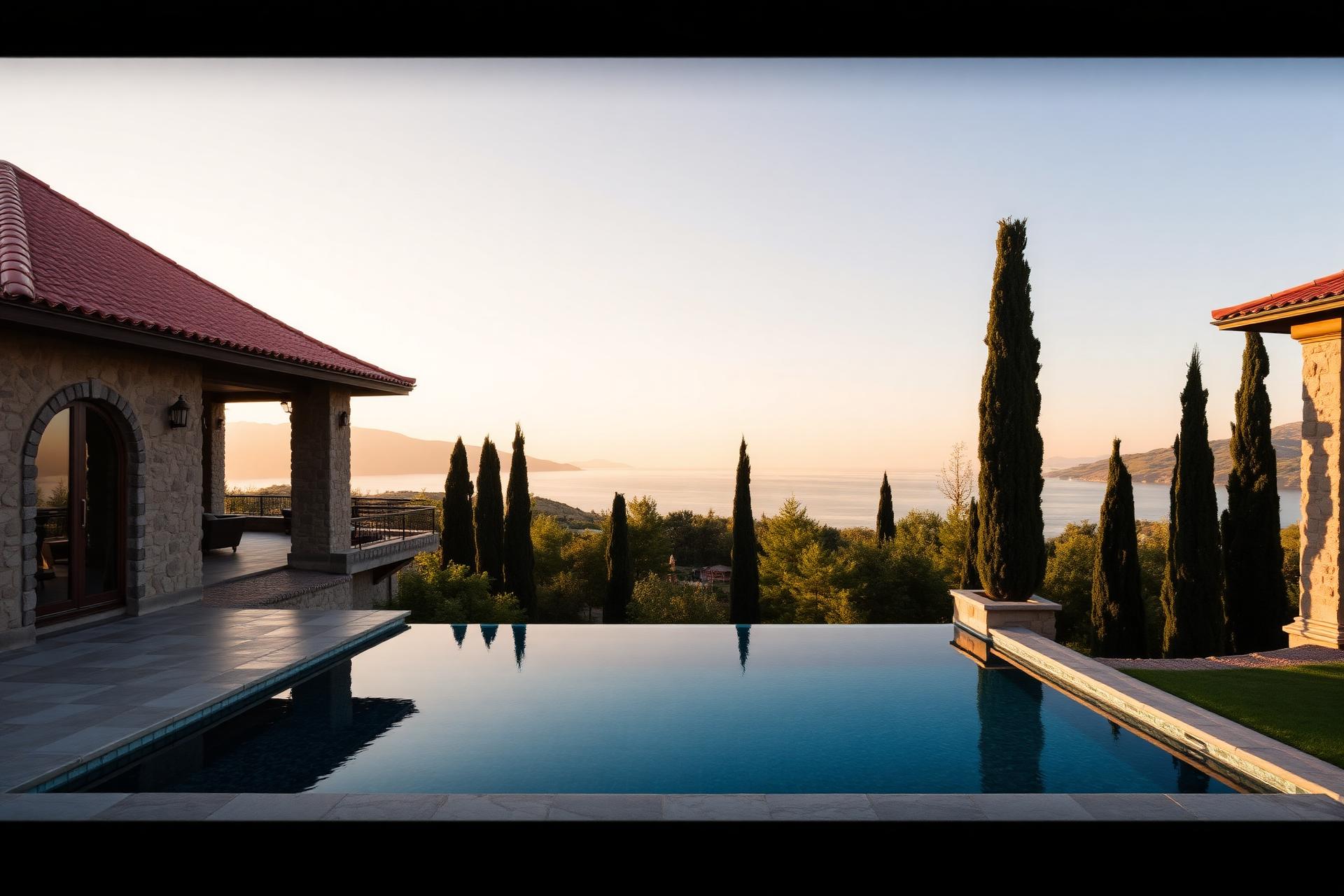 Luxury villa overlooking the Caspian sea at golden hour